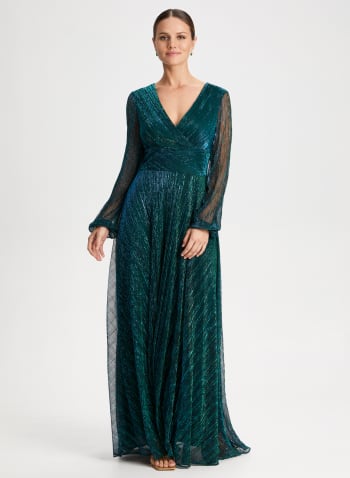 Metallic Bouffant Sleeve Dress, Jade Green