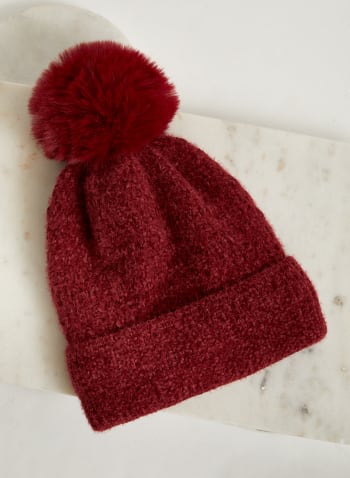 Removable Pom Pom Knit Hat, Red