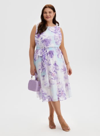 Floral Print Belted Sleeveless Dress, Purple Pattern