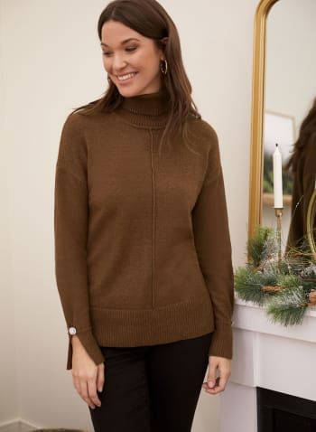 Split Cuff Turtleneck Sweater, Brown