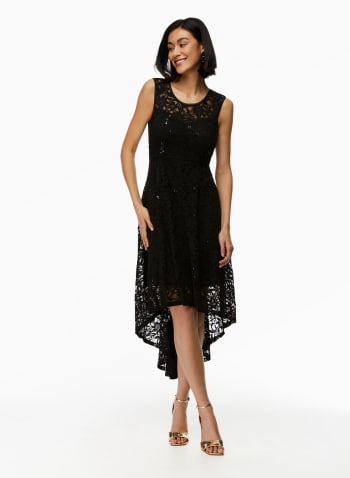 High-Low Lace & Sequin Dress, Black