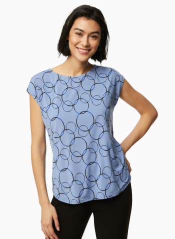 Circle Print Short Sleeve Top, Blue Pattern