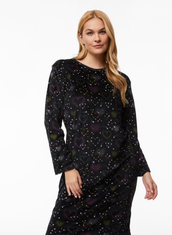 Velour Star Motif Nightgown, Black