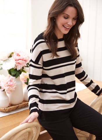 Stripe Print Dolman Sleeve Sweater, Black