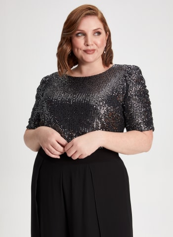 Sequin Shirred Sleeve Top, Heather Silver