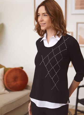 Argyle Detail Fooler Sweater, Black Pattern