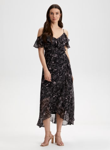 Cold Shoulder Floral Print Dress, Black Pattern