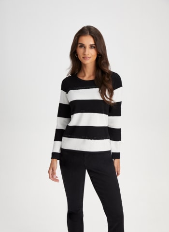 Rhinestone Detail Striped Sweater, Black & White