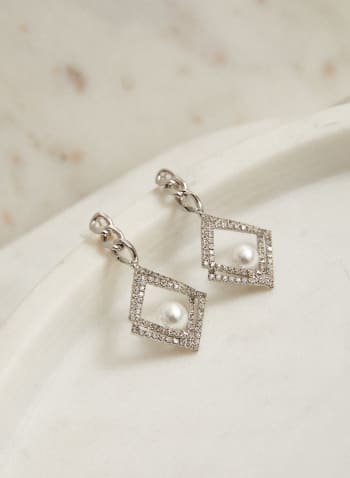 Boucles d'oreilles pendantes à perles et cristaux, Blanc perle