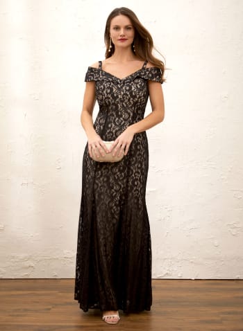 Off-the-Shoulder Glitter Lace Dress, Black
