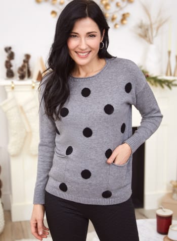 Polka Dot Dolman Sleeve Sweater, Grey Pattern