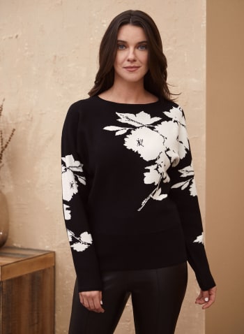 Contrast Floral Motif Sweater, Black