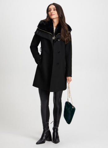 Stretch Faux Wool Trench Coat, Black