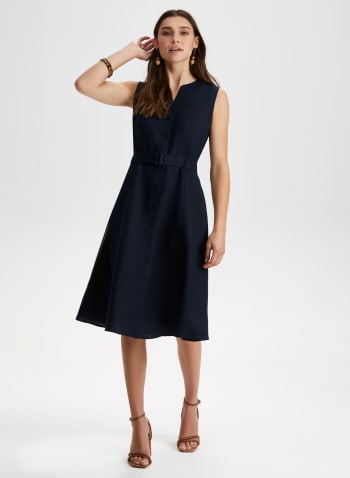 Linen-Blend Sleeveless Shirt Dress, Dark Navy