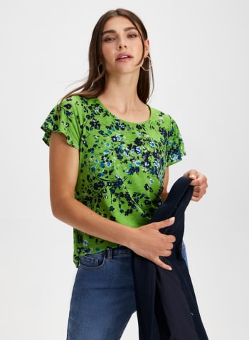 Floral Print Ruffle Sleeve Top, Green Pattern