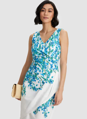Floral Print Faux Wrap Dress, White Pattern