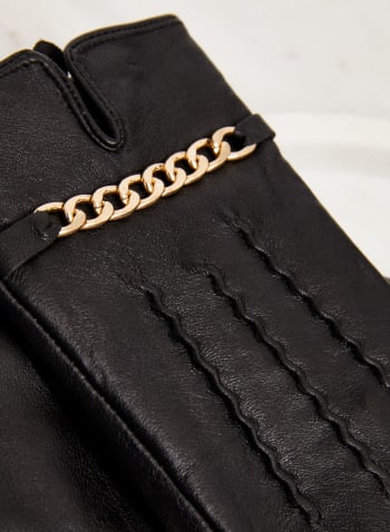 Chain Detail Leather Gloves, Black
