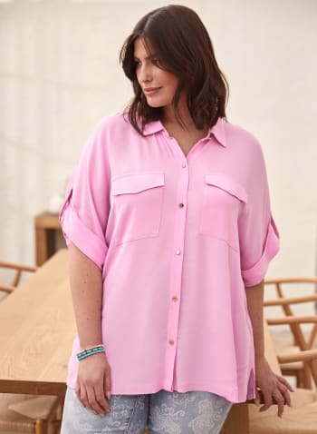 3/4 Sleeve Button-Down Blouse, Pink