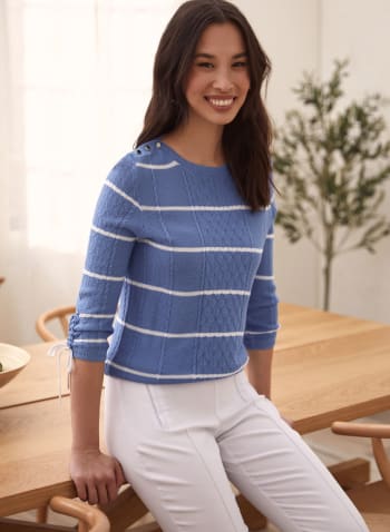 Stripe Motif Drawstring Detail Sweater, Blue Pattern