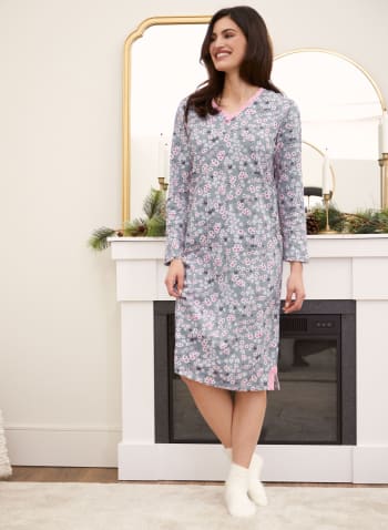 Floral Print Cotton Nightgown, Grey
