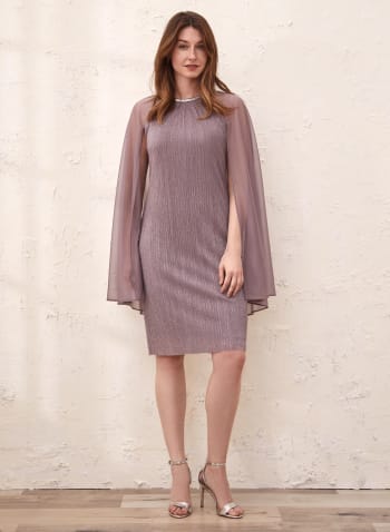Metallic Plisse Cape Dress, Purple