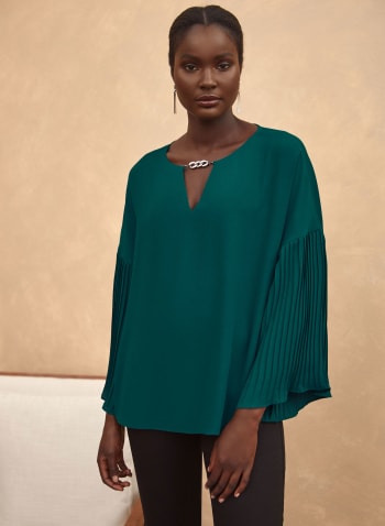Pleat Detail Bell Sleeve Blouse, Teal