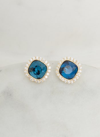 Crystal Square Button Earrinogs, Blue