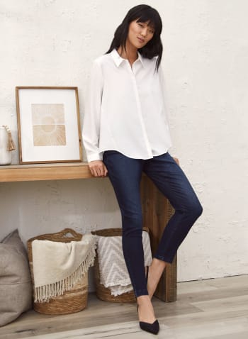 High-Low Button-Down Blouse, Off White