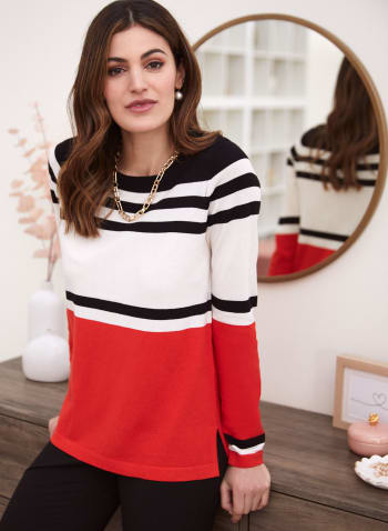 Long Sleeve Stripe Print Sweater, Red