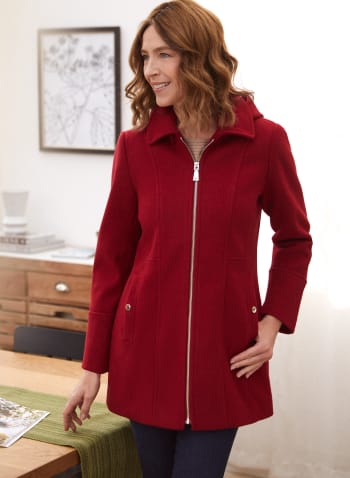 Stretch Faux Wool Hooded Coat, Red