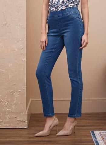 Floral Embroidery Pull-On Jeans, Indigo Blue