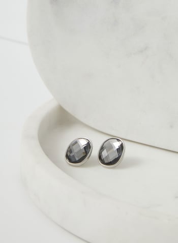 Oval Stone Button Earrings, Grey