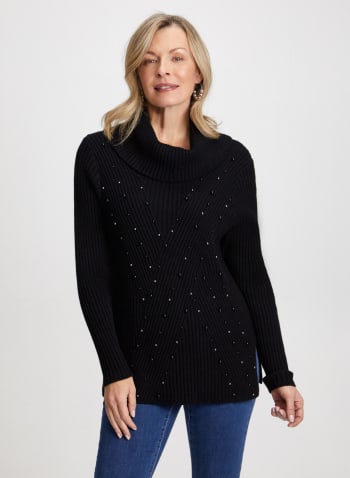 Cowl Neck Stud Detail Sweater, Black