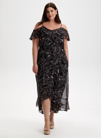 Cold Shoulder Floral Print Dress, Black Pattern