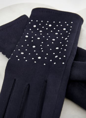 Rhinestone Detail Faux Suede Gloves, Blue