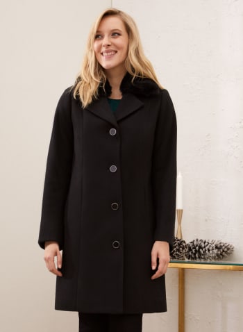 Button Front Stretch Wool Blend Coat, Black