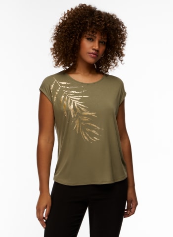 T-shirt à impression de feuille dorée, Vert mousse