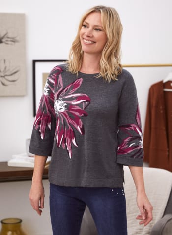 Floral Print Sweater With Bell Sleeves, Red Pattern