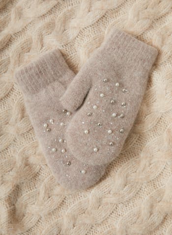 Pearl Detail Knit Mittens, Brown