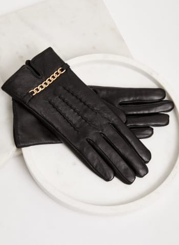 Chain Detail Leather Gloves, Black