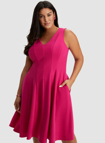 V-Neck Fit & Flare Dress, Deep Pink