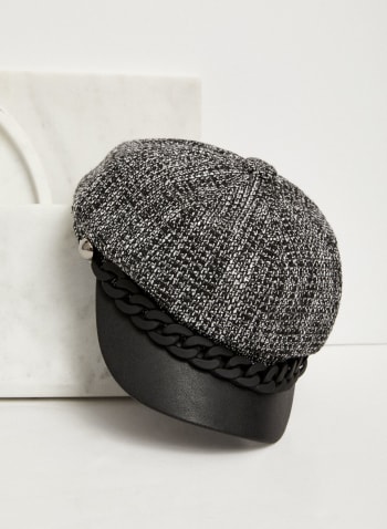 Chain Detail Tweed Cap, Black & White