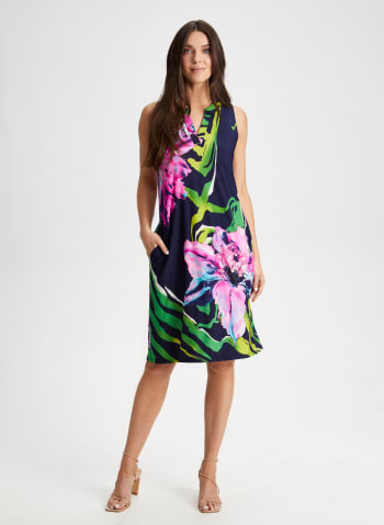 V-Neck Tropical Print Dress, Blue Pattern
