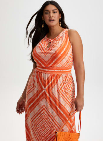 Geometric Print Sleeveless Maxi Dress, Orange Pattern