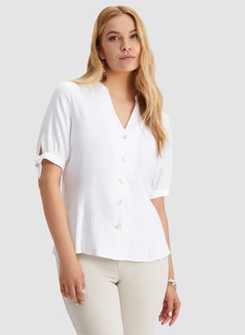 Linen-Blend Button-Up Blouse, Ivory