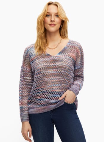 Open-Stitch V-Neck Sweater, Blue