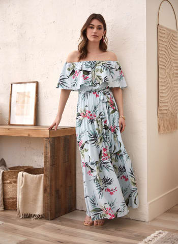 Tropical Print Maxi Dress, Green Pattern