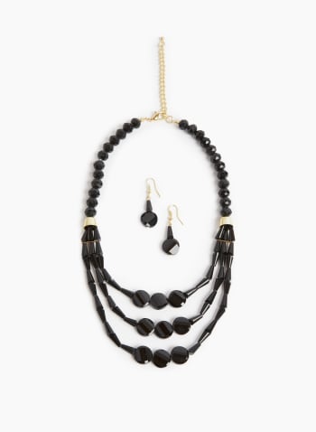 Beaded Necklace & Earrings Set, Black
