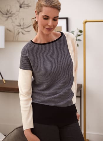 Colour Block Rib Knit Sweater, Grey