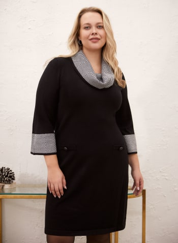 Cowl Neck Knit Sweater Dress, Black & White